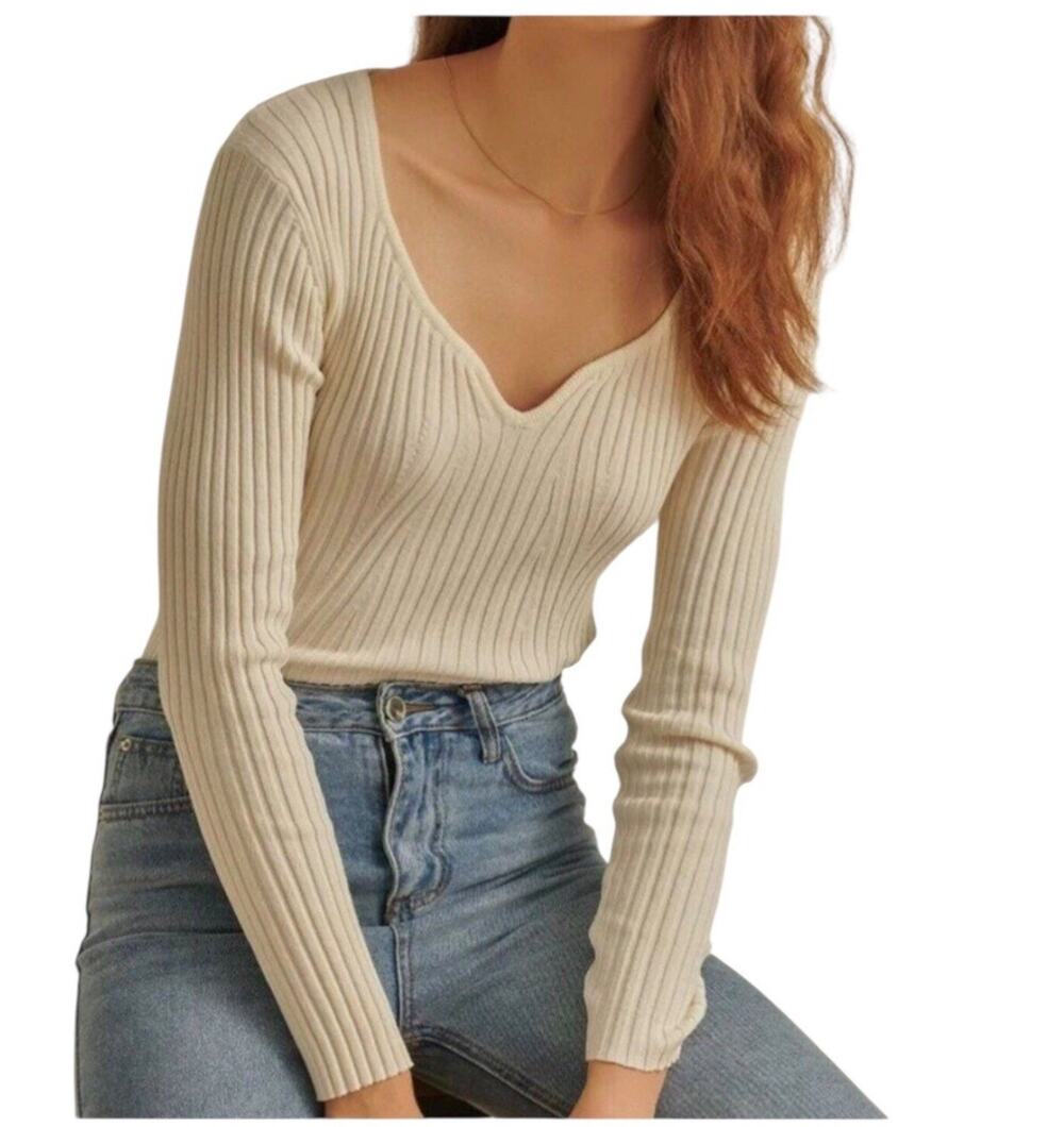 L*Space Camryn Ribbed Knit Sweater Ivory Sweetheart Neck Long Sleeve Small NWT